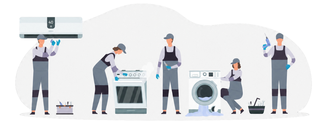 Illustration of technicians servicing an air conditioner, oven and washing machine
