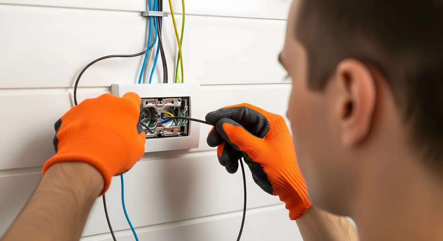 Electrician wiring a wall outlet box